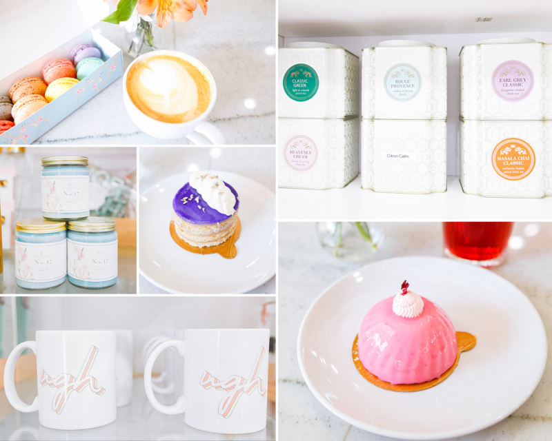 Collage of photos at 17 Berkshire featuring macaroons, candles, mugs, tea and treats