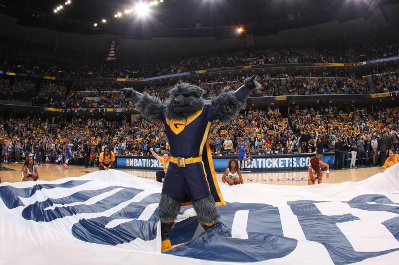 Memphis Grizzlies mascot Grizzlies stands in the middle of court during basketball game