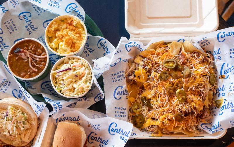 bbq nachos with sides of beans, Mac n cheese and potato salad