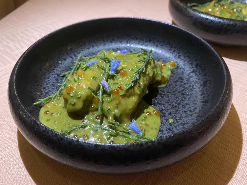 langoustine, tarragon &amp; basil fumet, trout roe, ocean greens