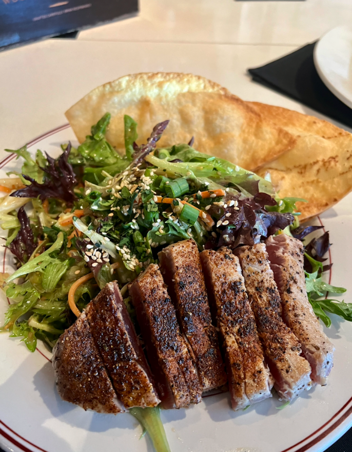 Char ginger peanut salad sub seared tuna