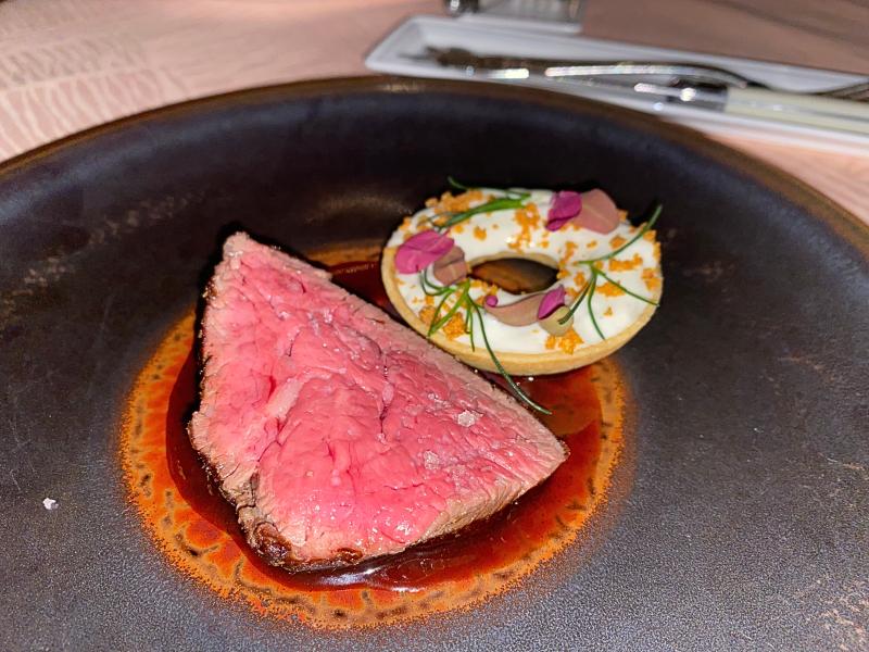 beef tenderloin, blue cheese espuma, almond tuille, buttermilk crumb