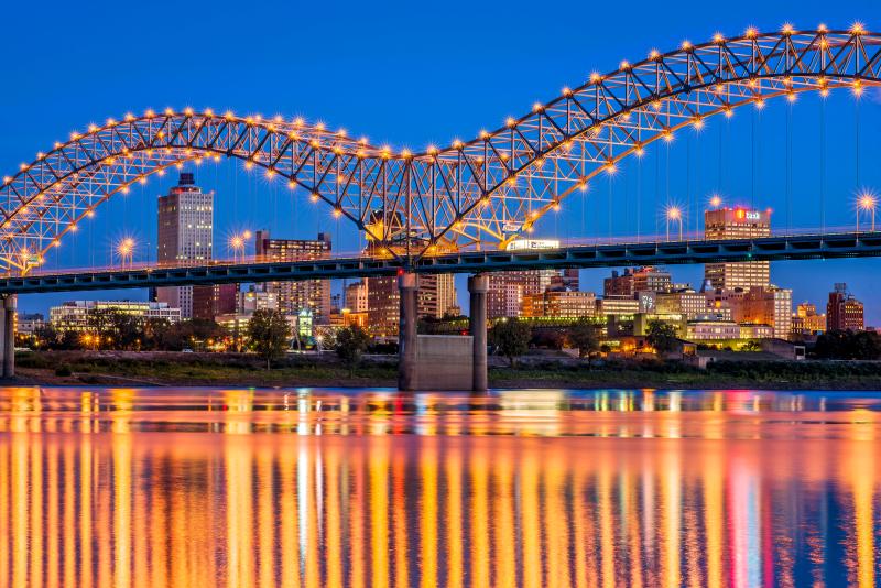city skyline of memphis behind the M bridge