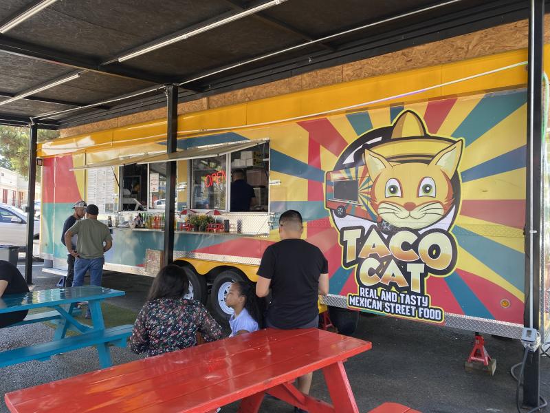 people lining up to order at taco cat food truck