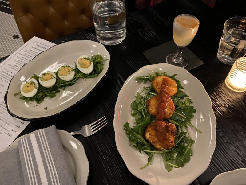 deviled eggs and fried goat cheese apps