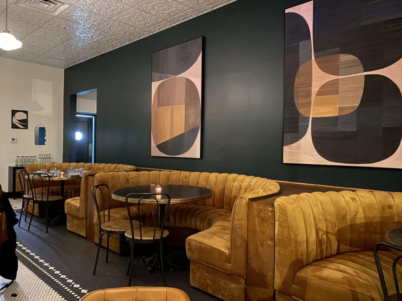 yellow booths along wall