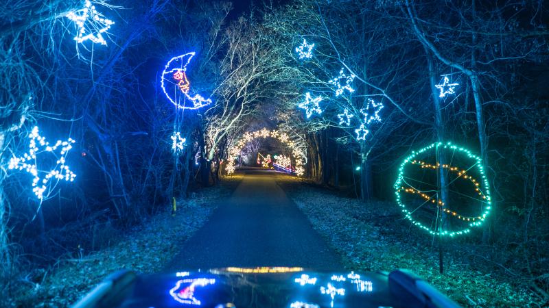 car perspective driving through lights display