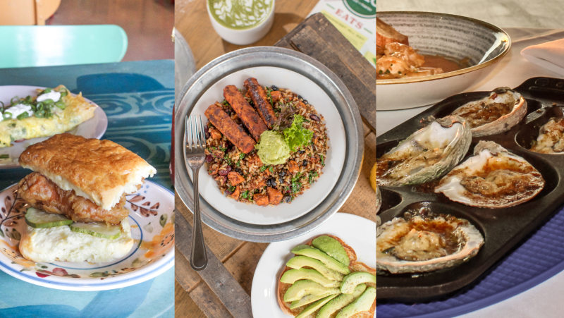 three photo of collage of food