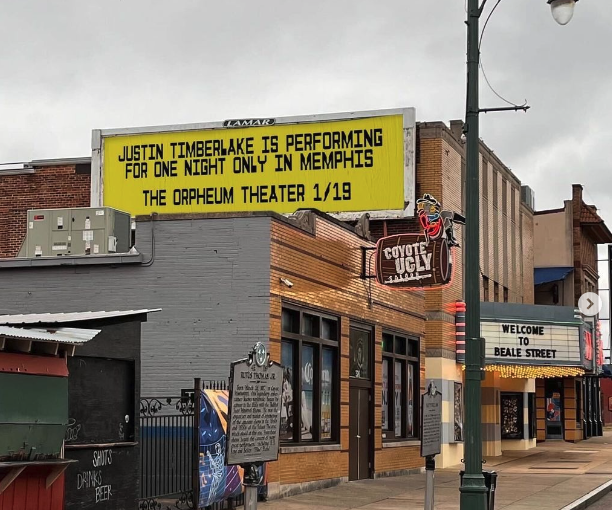 Justin Timberlake Concert Announcement via yellow billboard with plain text on Beale Street