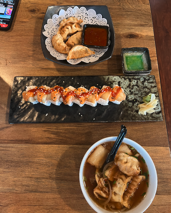 sushi roll and dumplings