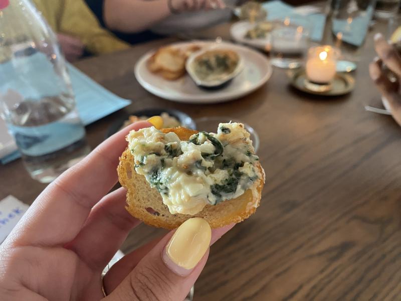 Warm Crab and Gulf Shrimp Dip on a crostini