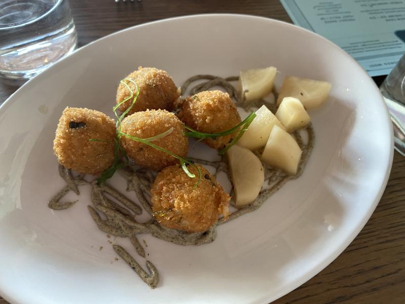 Kimchi Arancini with a charred scallion &amp; tofu aioli, and pickled daikon radish