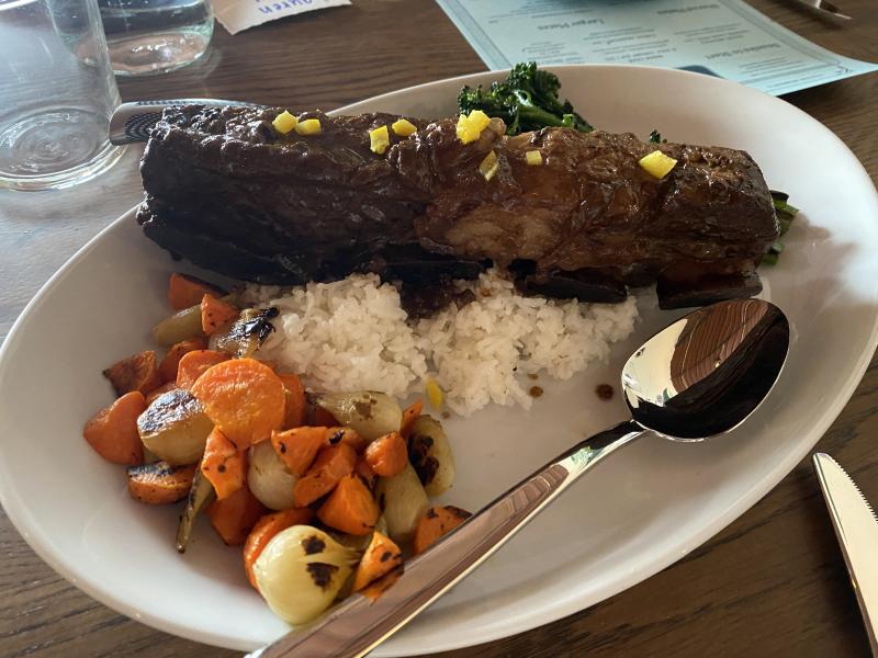 24 Hour Short Rib Adobo  with roasted pearl onions, local jasmine rice, and preserved lemon