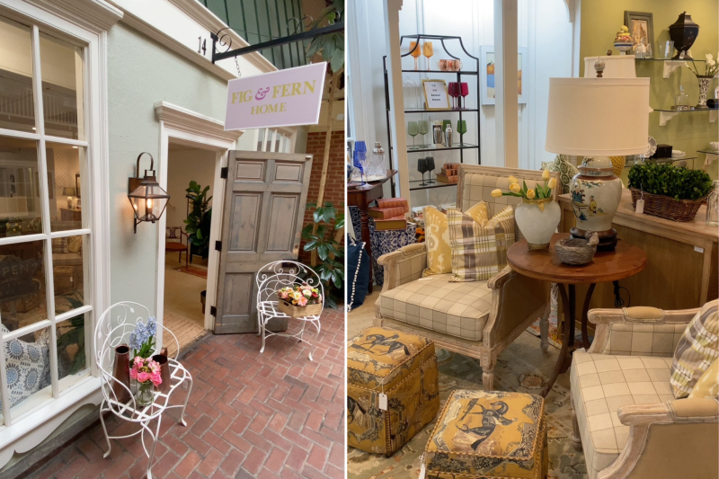 two photos: one of exterior entrance of shop, second photo of inside store featuring chairs display