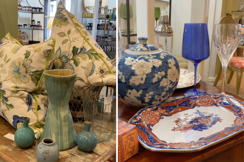 two photos both showing items for sell, various home decor like vases, glasses, pillows