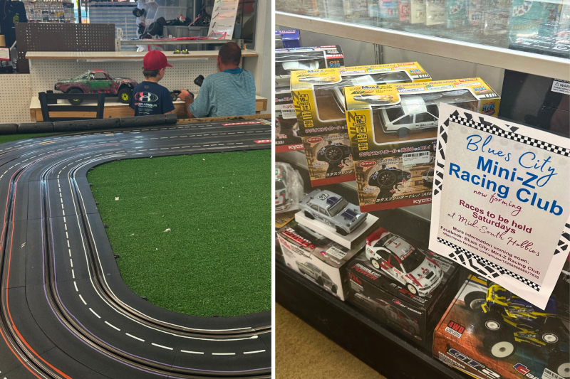 two photos side by side of indoor RC track and RC cars on display