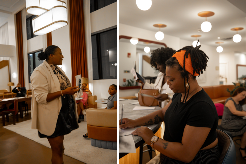 two photos of people writing during guided writing session