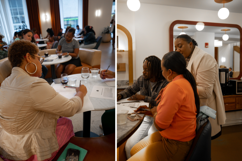 two photos of people writing during guided writing session