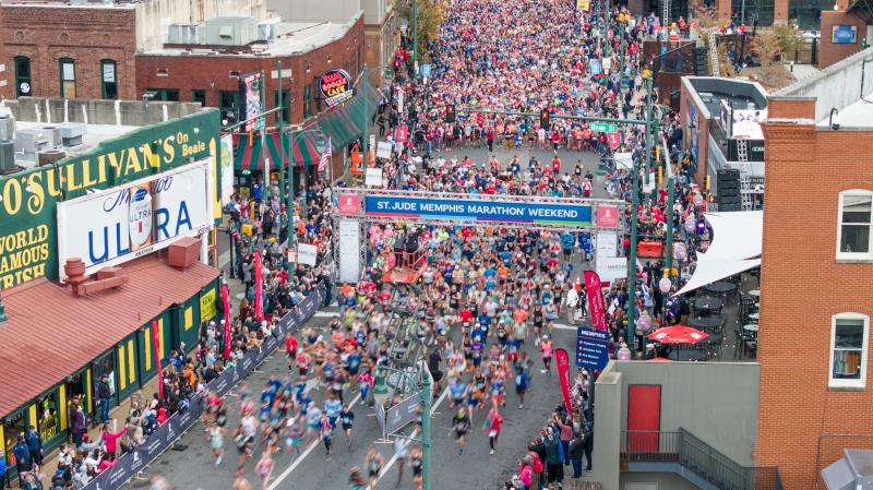 aerial photo of runners at the start of St. Jude Marathon