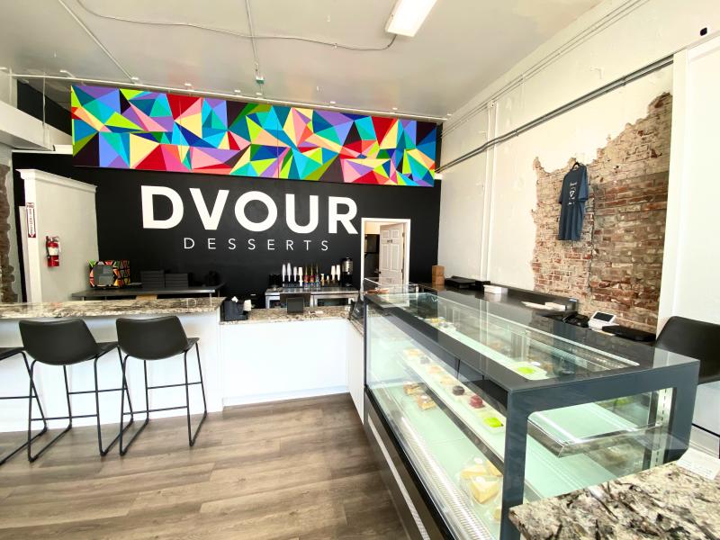 interior of dour desserts with baked goods case