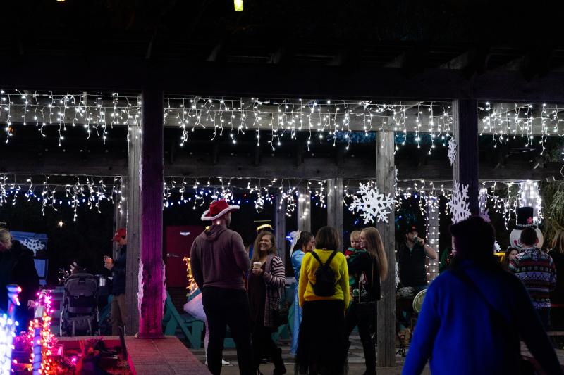 people walk through holiday light display