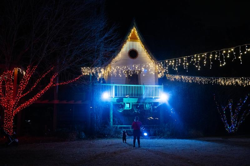 play area lit up with fake snow falling