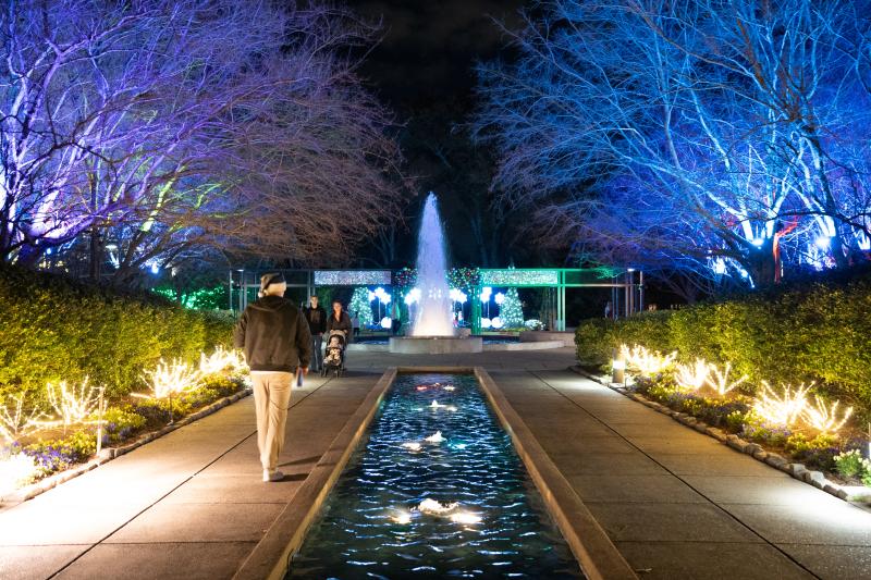 entrance and fountain of garden lit up for holiday display