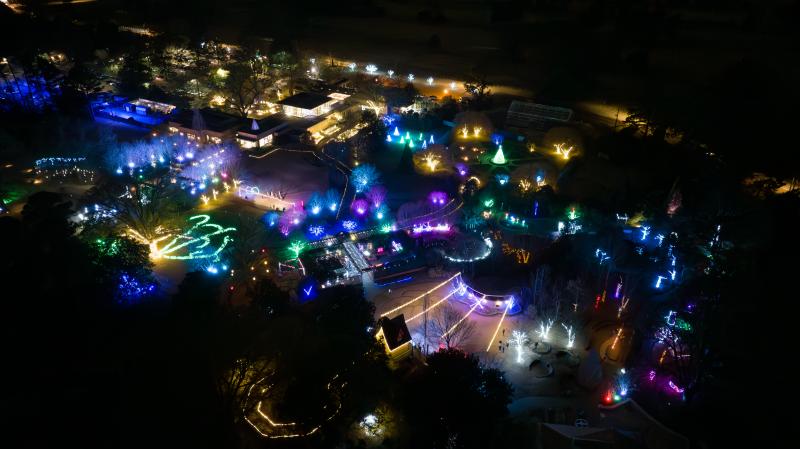 aerial shot of Memphis Botanic Garden lit up for Holiday Wonders