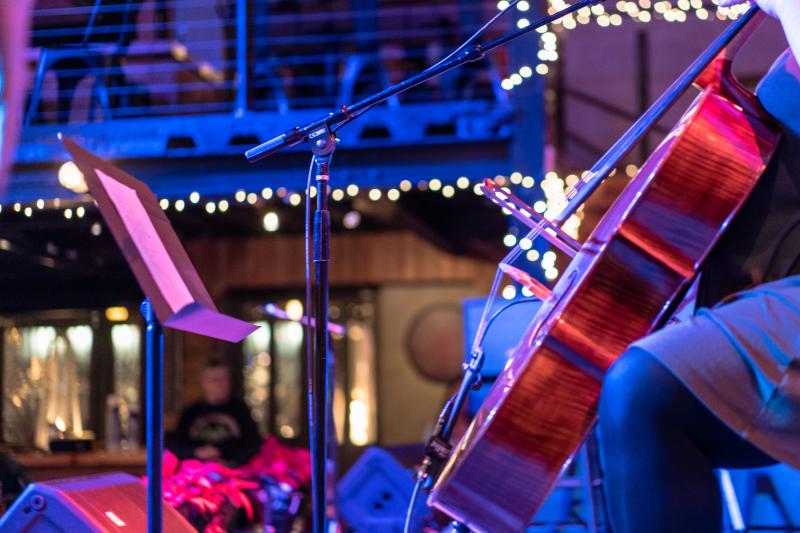 up close shot of violin during concert with christmas lights in background
