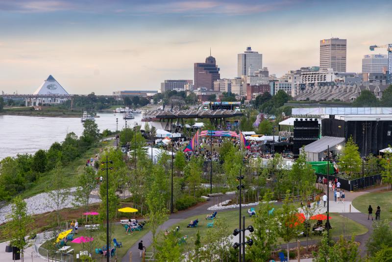 memphis riverfront skyline aerial shot of park during riverbeat