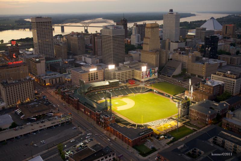 aerial photo of autozone park at night
