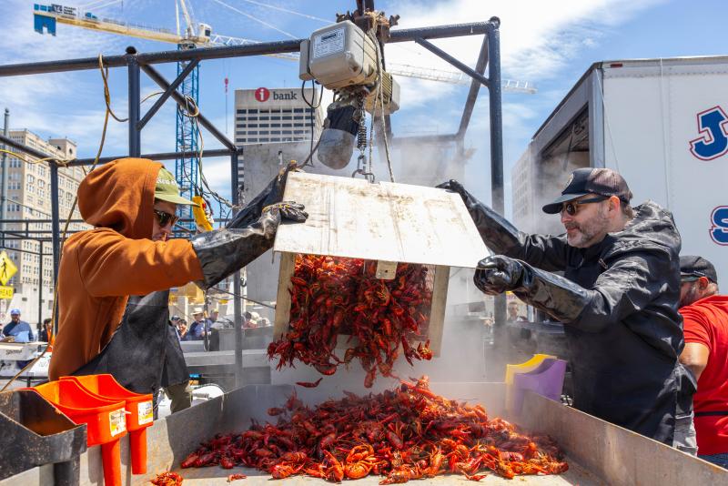 large crawfish machine dumps crawfish on loading dock