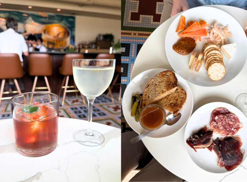 two photos side by side. first photo is two cocktails on a table with bar in background and second photo is overhead shot of cheese plate, meat plate, and pate