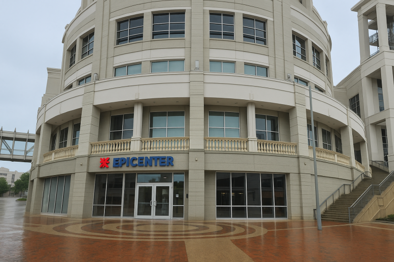 exterior of epicenter building with rounded entrance