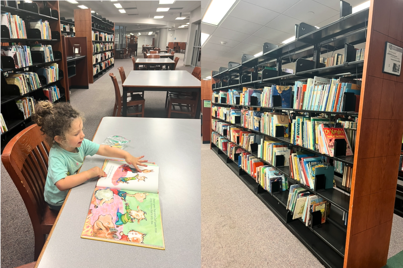 two photos side by side: photo 1: young girl reads a book on table, photo 2: bookshelf inside of u of m library