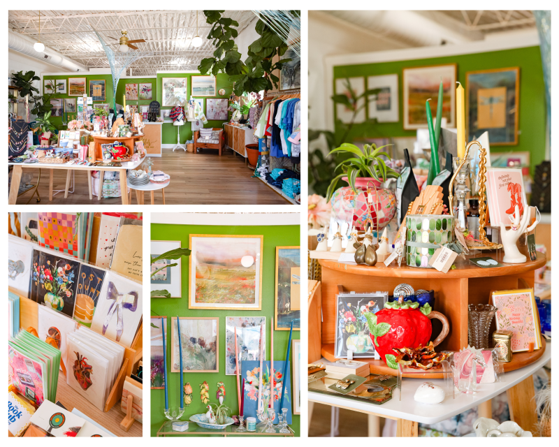 collage of items for sale at Whitney Winkler from buttons, jewelry, cards, bags, and gifts