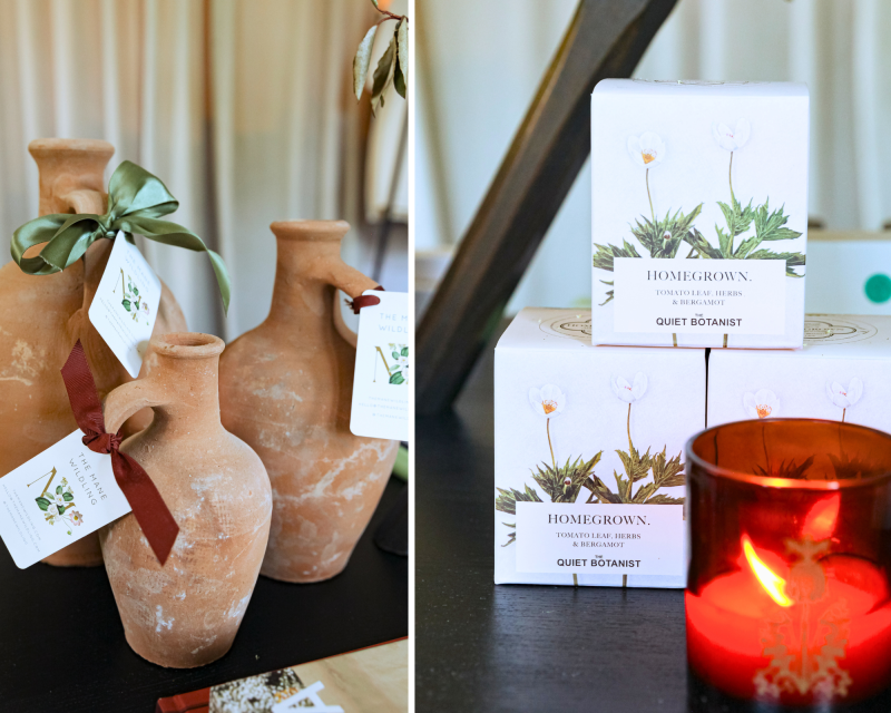 side by side images: three brown different sized pottery vases and three candle boxes stacked with red candle burning in front