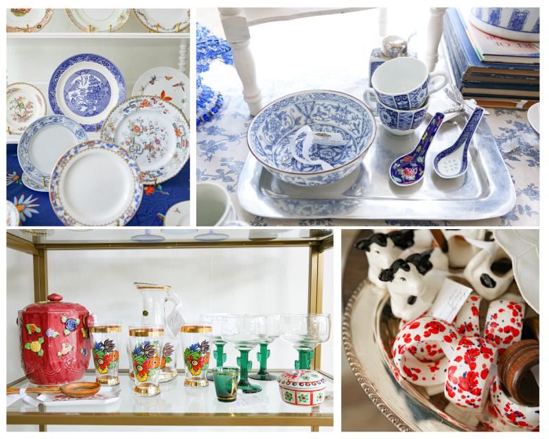 an assortment of antique  teappots, teacups, and serving plates in blues and reds and floral patterns