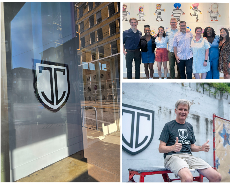 collage of photos, one is a photo of people standing a smiling, one is a man sitting down smiling and hold two thumbs up