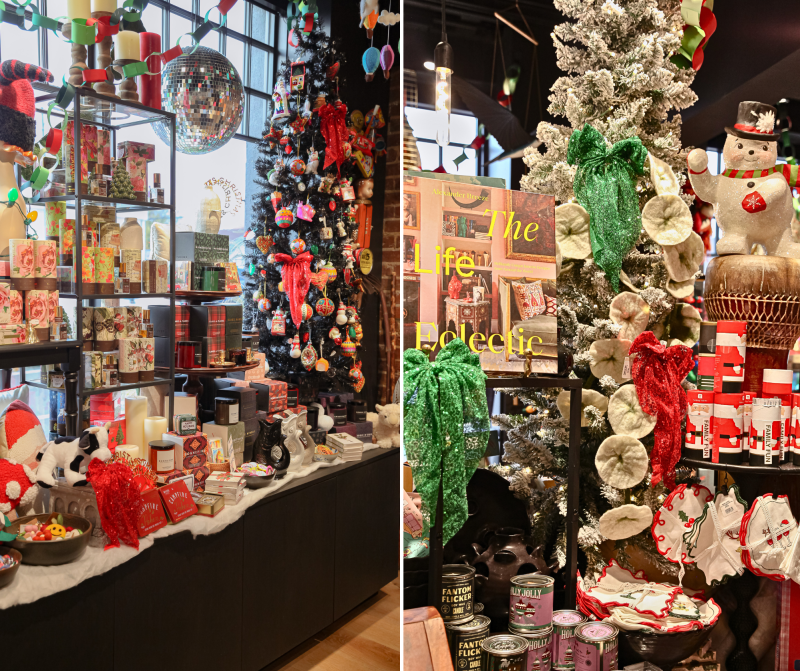 collage of two images inside Paradox shop with christmas themed gift displays