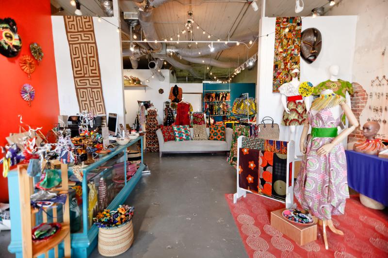 inside store of Mbabazi with clothing and gifts on display