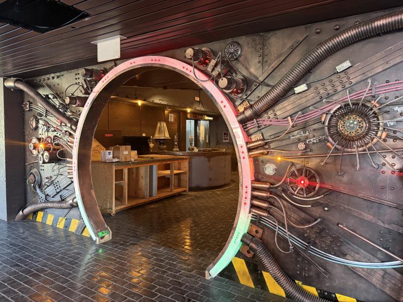 entrance to BVO with metal futuristic design covering walls