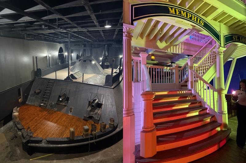 side-by-side images of old riverfront museum with a war vessel boat and steamboat steps