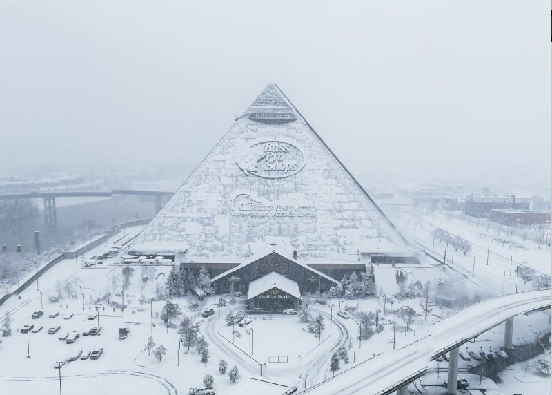 bass pro pyramid covered and surround by snow