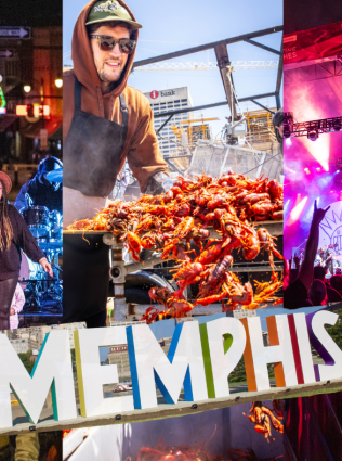 Collage of events, with three images showing a singer on Beale Street, the Rajun Cajun Crawfish Fest and a stage in neon lights with a large crowd in front of it.