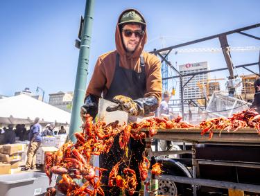 man pushes crawfish into bucket
