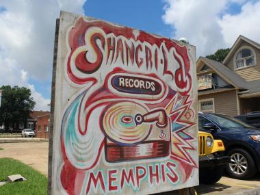 hand-painted sign for Shangri La Records
