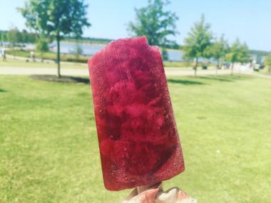 bright fushia fruity popiscle held up in front of grassy area and trees at Shelby Farms