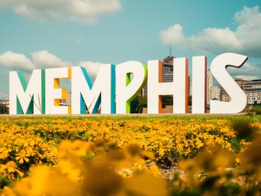 memphis sign on mud island with yellow flowers