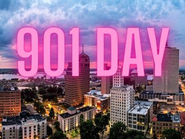 Memphis skyline with 901 Day in pink glowing letters on top